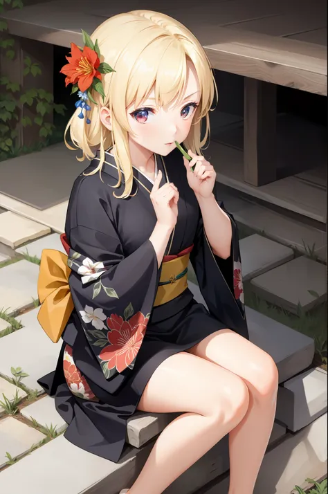 masterpiece, best quality, one girl, solo, kimono, hair flowers, floral, , sitting, hands on their knees, blonde, red eyes