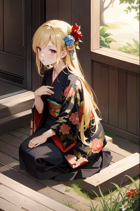 masterpiece, best quality, one girl, solo, kimono, hair flowers, floral, , sitting, hands on their knees, blonde, red eyes