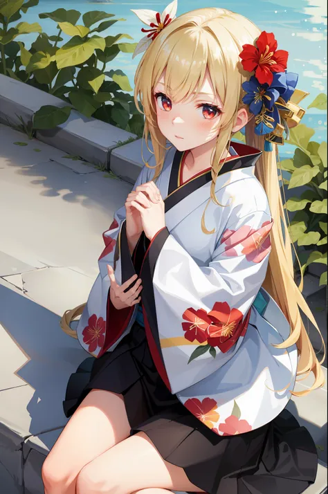 masterpiece, best quality, one girl, solo, kimono, hair flowers, floral, , sitting, hands on their knees, blonde, red eyes