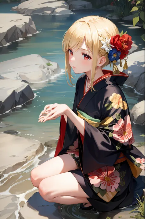 masterpiece, best quality, one girl, solo, kimono, hair flowers, floral, , sitting, hands on their knees, blonde, red eyes