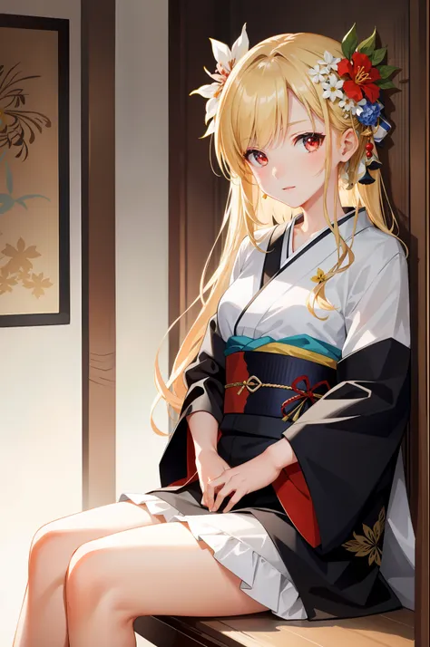 masterpiece, best quality, one girl, solo, kimono, hair flower, blonde, red eyes