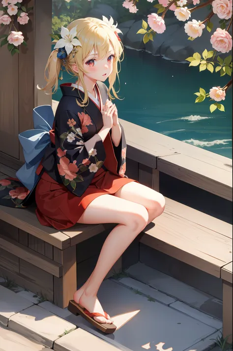 masterpiece, best quality, one girl, solo, kimono, hair flowers, floral, , sitting, hands on their knees, blonde, red eyes