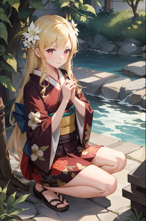 masterpiece, best quality, one girl, solo, kimono, hair flowers, floral, , sitting, hands on their knees, blonde, red eyes