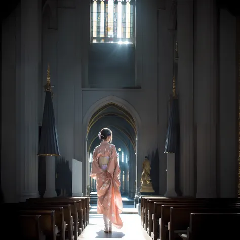 a beautiful teenage slender girl in a traditional kimono of japan walks inside the dark church of notre dame cathedral in paris ...