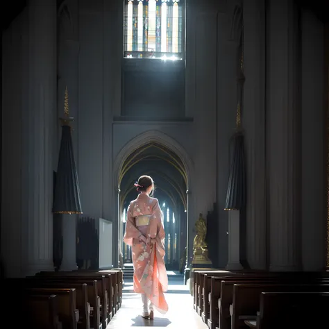 a beautiful teenage slender girl in a traditional kimono of japan walks inside the dark church of notre dame cathedral in paris ...