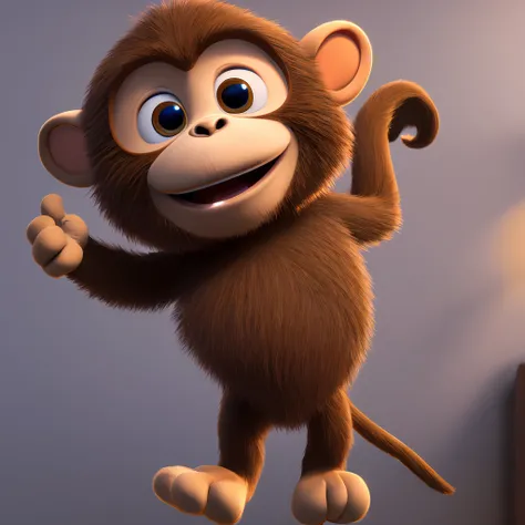 Cute cute little monkey waving and smiling greeting me, Unreal Engine, cozy interior lighting, art station, detailed digital painting, film, character design by Mark Redden and Pixar and Hayao Miyazaki, Unreal 5, daz, surrealism, octane rendering, 3DMDT1