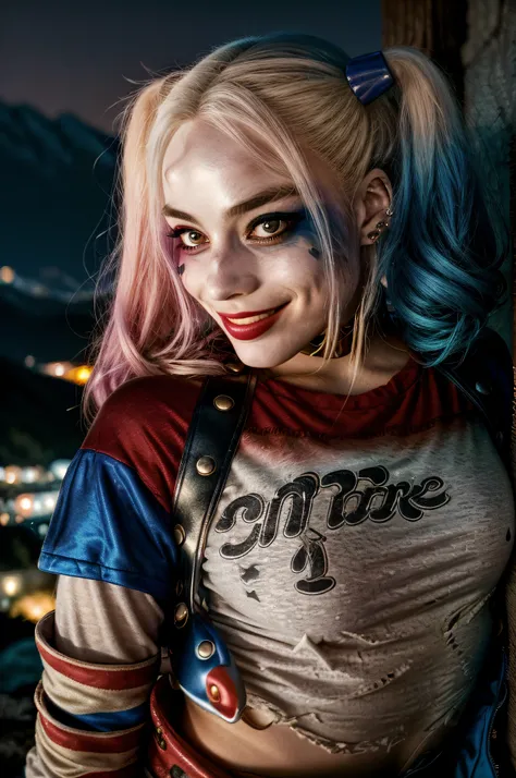 1girl, harleyquinn, twintails, multicolored hair, ((upper body selfie, happy)), masterpiece, best quality, ultra-detailed, solo,...