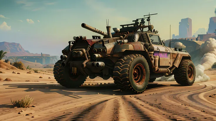 rage2vehicle_v2, front view,fast driving vehicle on the road, large engine and exhaust pipe, machine gun