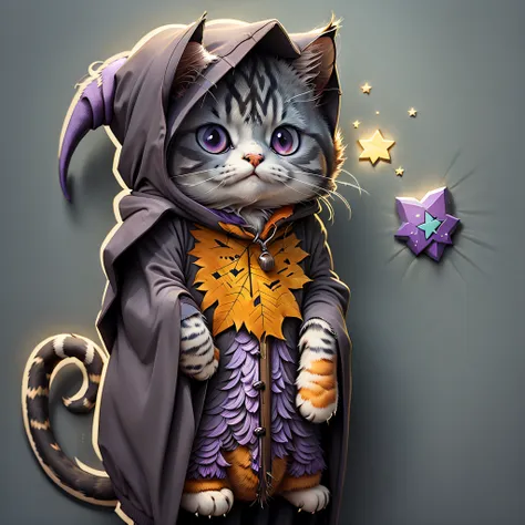 cute cartoon sticker of a cat dressed as a wizard in dark purple cloak