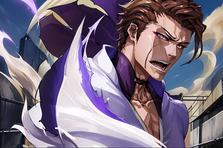 (masterpiece, best quality:1.2),1boy,solo,(sōsuke aizen),close up,badass pose,bleach, powerful aura, purple aura,8k,64k, hd, unp...