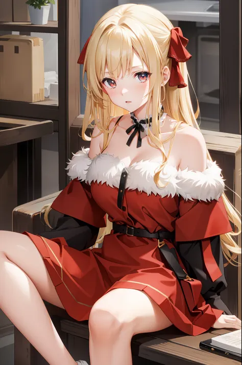 blonde, red eyes, one girl, fluffy clothes, off-shoulder, sitting,