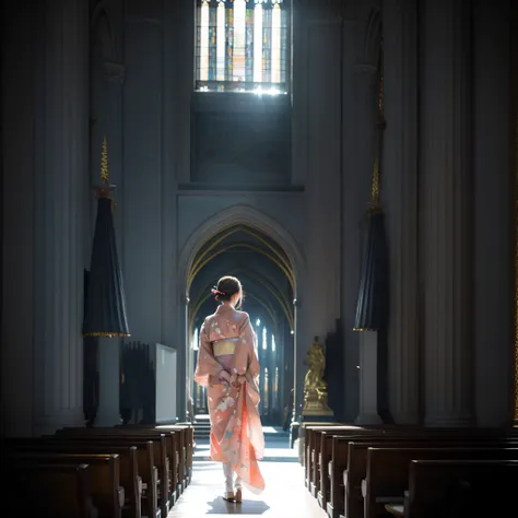 a beautiful teenage slender girl in a traditional kimono of japan walks inside the dark church of notre dame cathedral in paris ...