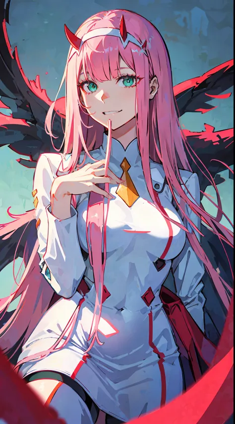 zero two (darling in franxx), darling in franxx, 1woman, smiling, sitting, bangs, biting, shadow, green eyes, hair behind head, horns, long hair, makeup, small breasts, white bodysuit, big thighs, pink hair, red eyeshadow, detailed background, bed, bedroom