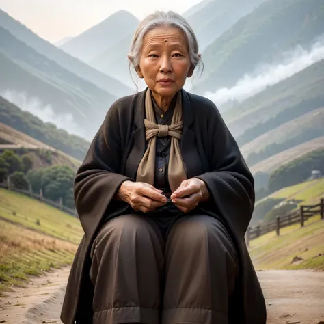 an old woman sitting on a dirt road in front of mountains, korean woman, chinese woman, old woman, asian woman, by fei danxu, by...