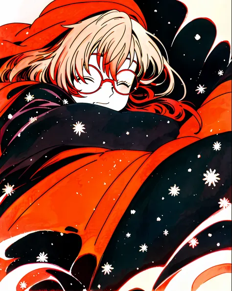 Mirai Kuriyama wearing casual winter clothes, snowing, VHS, vintage, cap, red glasses, (hair covering eyes), black coat, manga style, white background