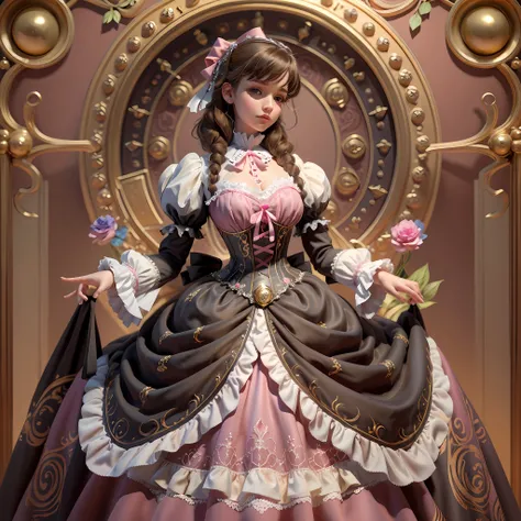 best quality, masterpiece, best definition, artwork, super detailed, many details, details, detailed, woman, 20 years, full body, full body, ball gown, super detailed dress, long dress, dress with many ruffles, dress with many bows, pink bows, victorian dr...