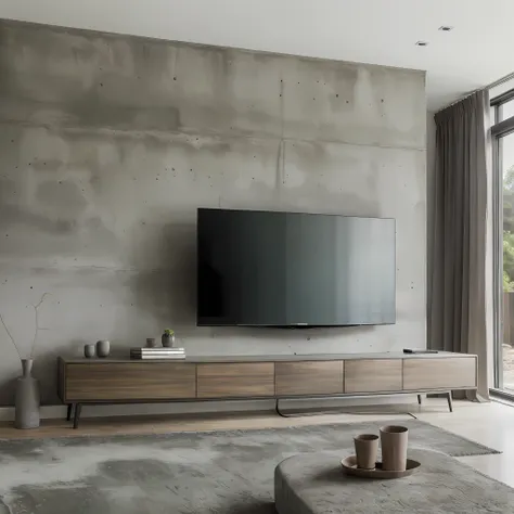 modern living room, with a Smart TV LED 75" 4K TCL 75P735, the wall behind the TV textured in burnt cement in moss green, large retractable sofa in gray color