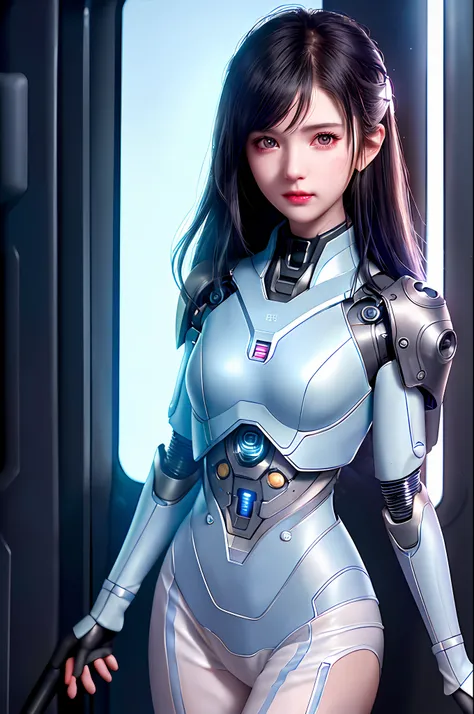 Dystopian, [sci-fi], High Detail RAW color Photo, Full Shot, of (cute female arterial intelligence, cybernetic enhancements), indoors, standing, (inside cryogenic chamber, in advanced cyberpunk research facility), toned physique, (small perky breasts, norm...