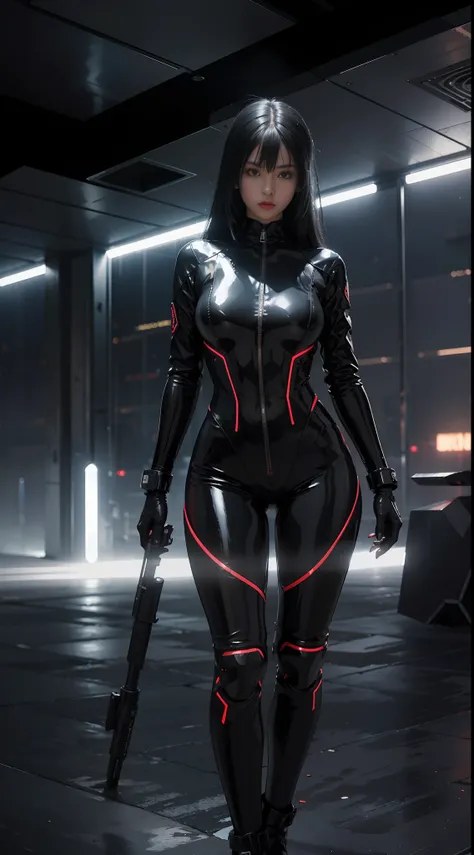 solo, super fine photo, portrait unreal engine 5 8k uhd of a girl in a skin tight futuristic black latex battle suit with white ...