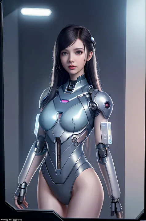 dystopian, [sci-fi], high detail raw color photo, full shot, of (cute female arterial intelligence, cybernetic enhancements), in...