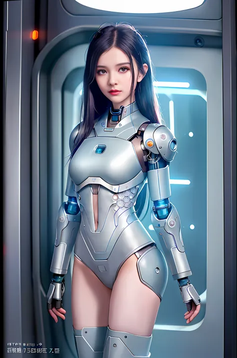 dystopian, [sci-fi], high detail raw color photo, full shot, of (cute female arterial intelligence, cybernetic enhancements), in...