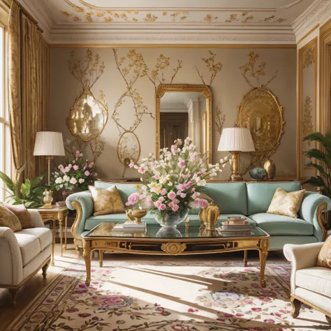 architectural digest photo of a living room with lots of flowers and plants, golden light, hyperrealistic surrealism, award winn...