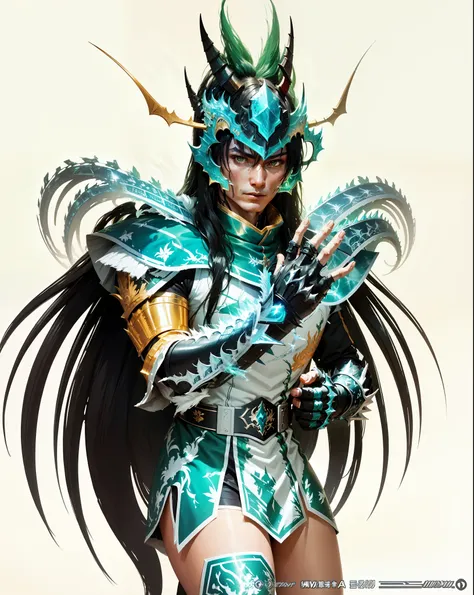 shiryu(knights of the zodiac), armor(green) of dragon, long black hair, looking at the viewer, perfect hand with four fingers an...