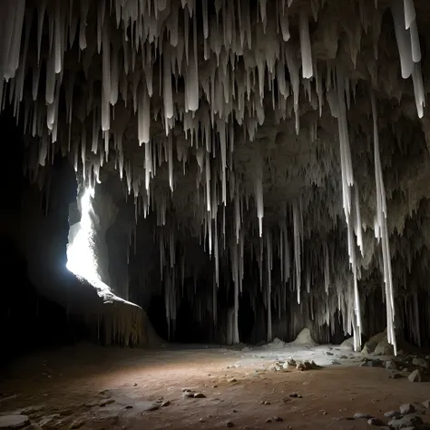 liminalspaces, a vast underground cave, stalactites and stalagmites reaching towards each other in a silent dance.