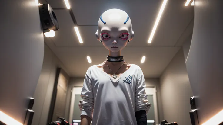 an alien, with albino and realistic skin, large head, short and thin neck, very large eyes and all black, which reflects the loc...