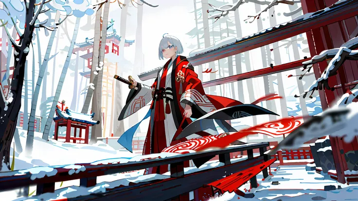 masterpiece, the best quality, girl with short white hair, blue pupils, red chinese robe, she holds a snowy long knife tightly i...