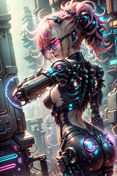 1 girl, intricate details, (cyberpunk: 1.4), (from behind), robotic arm, glasses, messy hair, (shiny neon armor: 1.2), machine, black background, large, pink hair, curved girl but healthy, gun in hand, (laser) third-person shooter action --auto --s2