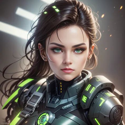 cyborg / dark brown hair / high definition / ultra realism / realism / cybernetic face / luminous dust / dark green eyes / mecha...