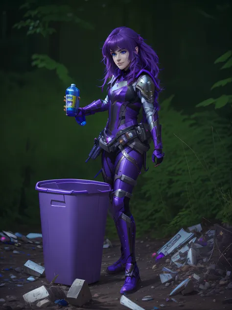 purple haired woman in armor holding a bottle of water and a purple trash can, wearing dark purple armor, purple armor, professi...