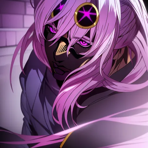 anime man with glasses and tie, with bright purple eyes, half-body headshot, bright purple eyes, half-body portrait, darksynth character portrait, sunglasses, black mask, high quality, masterpiece, (jojo style), (araki style)