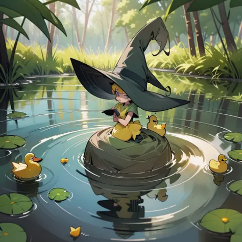1yellow duck, duck in a lake, duck alone, duck wearing a pointed witch hat, witch hat, duck in lake, green plant, warm lighting, 8k, high quality, masterpiece, dark gray witch hat, no humans, no human, no people, illustration