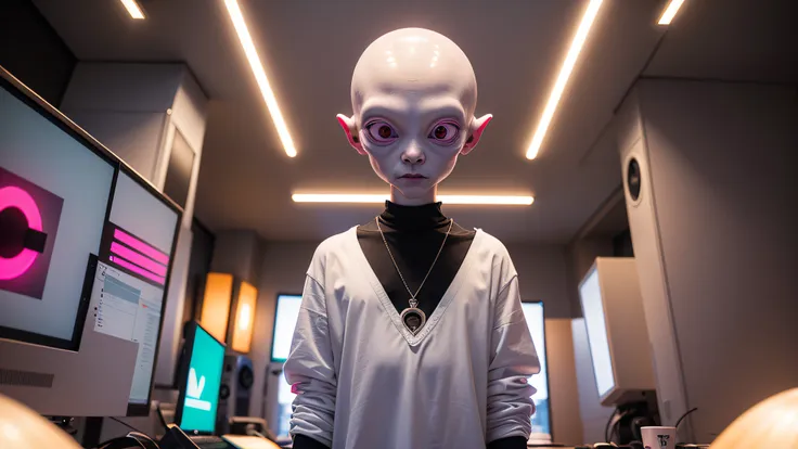 an alien, with albino and realistic skin, large head, short and thin neck, very large eyes and all black, which reflects the loc...