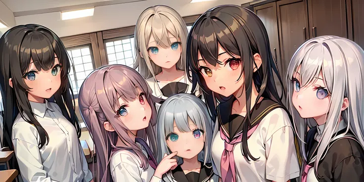 (five girls), (five girls made in a row), (black hair black eyes loli, blonde blue eyes loli, white hair red eyes loli, violet h...