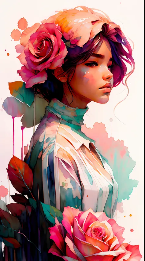 wtrcolor style, (rose) digital art, official art, blown by the wind, masterpiece, beautiful, ((watercolor)), paint splatter, int...