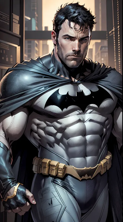 1 man, solo, ben affleck as batman, tall, hunk, muscular, bulk, wide shoulder, photorealism, dark dirty grey suit, dark grey arm...