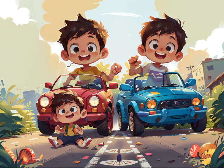 (SFW), two boys playing with cars, holding car toys in their hands, fine facial features, summer, happy, background is the road, signal lights, perfect quality, clear focus, colorful, perfect face, intricate details, ultra-low viewing angle, wide angle len...