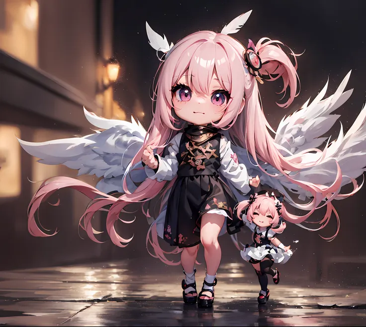 1 anime angel doll, (chibi: 1.2), 8k high quality detail art, white feathers on the back, pink hair, gradient, twinkle, style as...