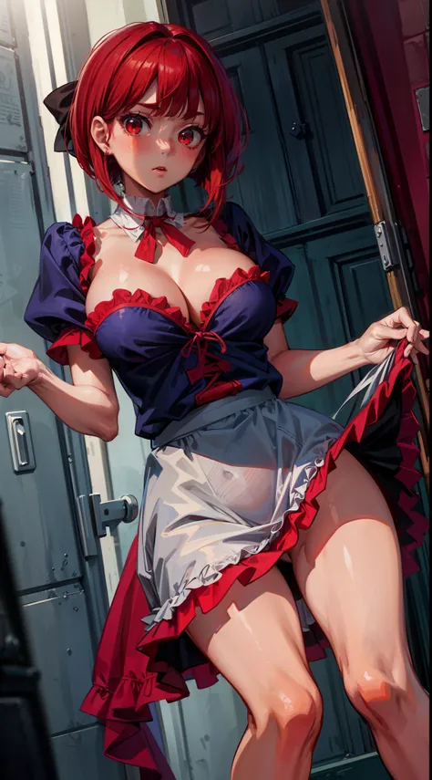 show the angle from below, open legs, white lace underwear, Grab the hem of the skirt with both hands and lift it, solo, top quality, masterpiece, detailed background, very complex and detailed face, detailed eyes, (bob hair: 1.3), (red eyes: 1.3), (red ha...