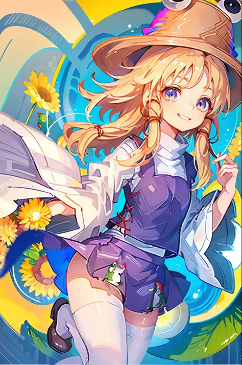 masterpiece, best quality, 1girl, moriya suwako, hat, blonde hair, white shirt, purple skirt, frog print, smile, upskirt angle