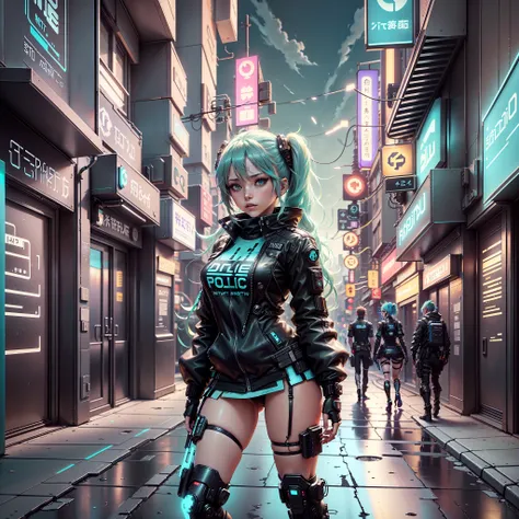 woman in police uniform walking down a street, Hatsune Miku cosplay, female cyberpunk anime girl, cyberpunk anime, cyberpunk anime girl, anime cosplay, cyberpunk girl, anime girl in real life, cyberpunk streets in, cyberpunk style, cyberpunk outfit, has cy...