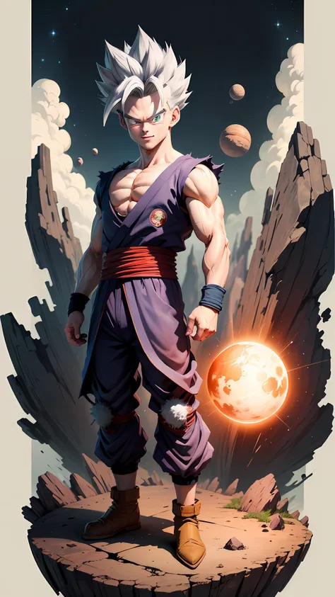 masterpiece, best quality, ultra-detailed, adult gohan 1boy, solo, full body, evil smile, grey hair, spiked hair, red eyes, doug...