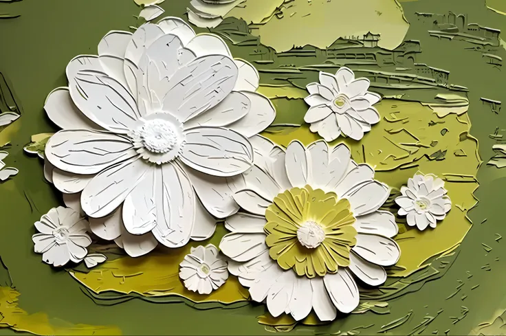 there are close-ups of flower paintings on green surfaces, oil painting reliefs, layered paper art, detailed impasto, oil painti...