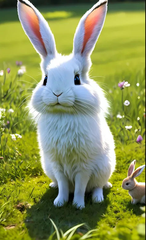 ((masterpiece, best quality)), soil, animal ears, fluffy rabbit, rabbit ears, looking at the viewer, grass, outdoors, whole body, animal, sunlight, dappled sunlight, daytime, depth of field --v6