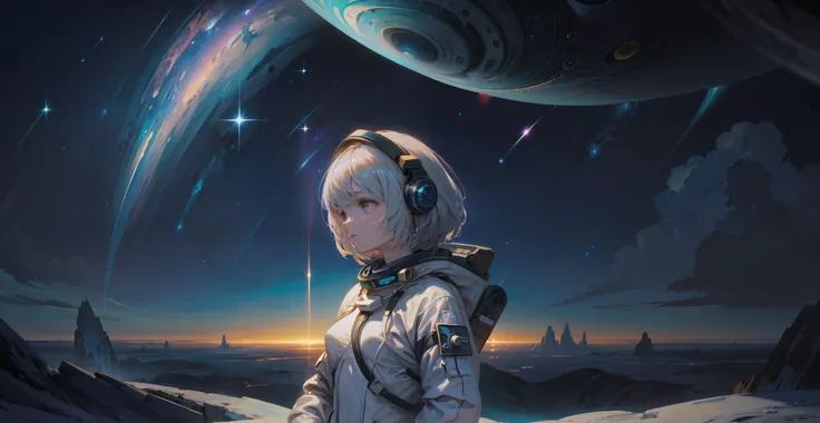 1girl, solo, astronaut suit, (masterpiece), best quality, stunning cosmic landscape, vast and surreal universe, ethereal and dre...