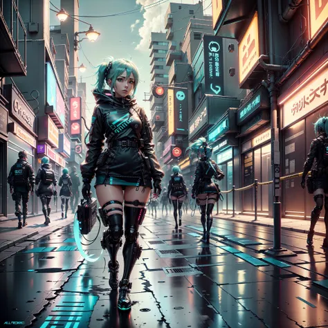 woman in police uniform walking down a street, hatsune miku cosplay, female cyberpunk anime girl, cyberpunk anime, cyberpunk ani...