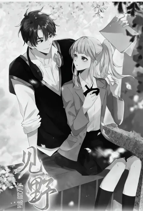 anime couple, the heroine sits on a bench on campus and looks at the male protagonist, the male protagonist stands behind him an...